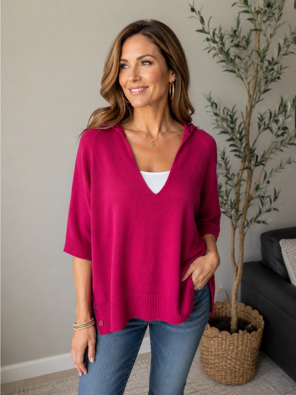 Chicos Zenergy Hooded Knit V-neck Pullover Sweater